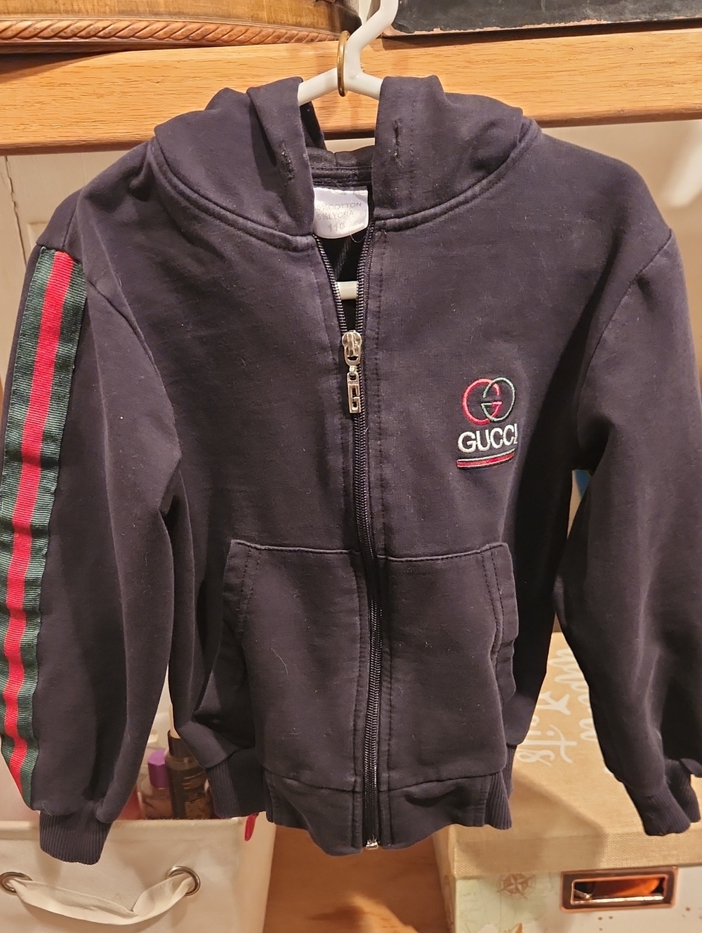 Gucci Navy Zip Hoodie with Green & Red Sleeve Stripes